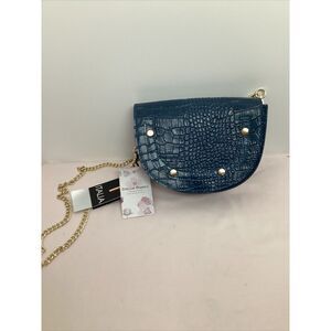 NWT Stella Bianca Blue Italian Leather Small Gold Chain Bag Purse-Made In italy